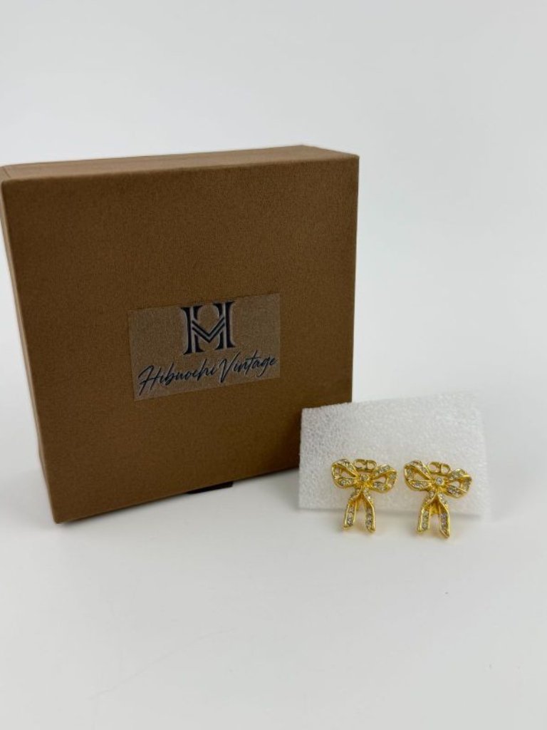 Dior Earrings Gold Cd Logo Ribbon Vintage